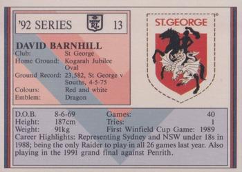 1992 Regina NSW Rugby League #13 David Barnhill Back
